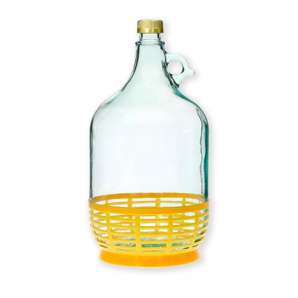 5L stikla pudele Dama plastmasas groziņā ar vāciņu un rokturi Pudeles un karafes