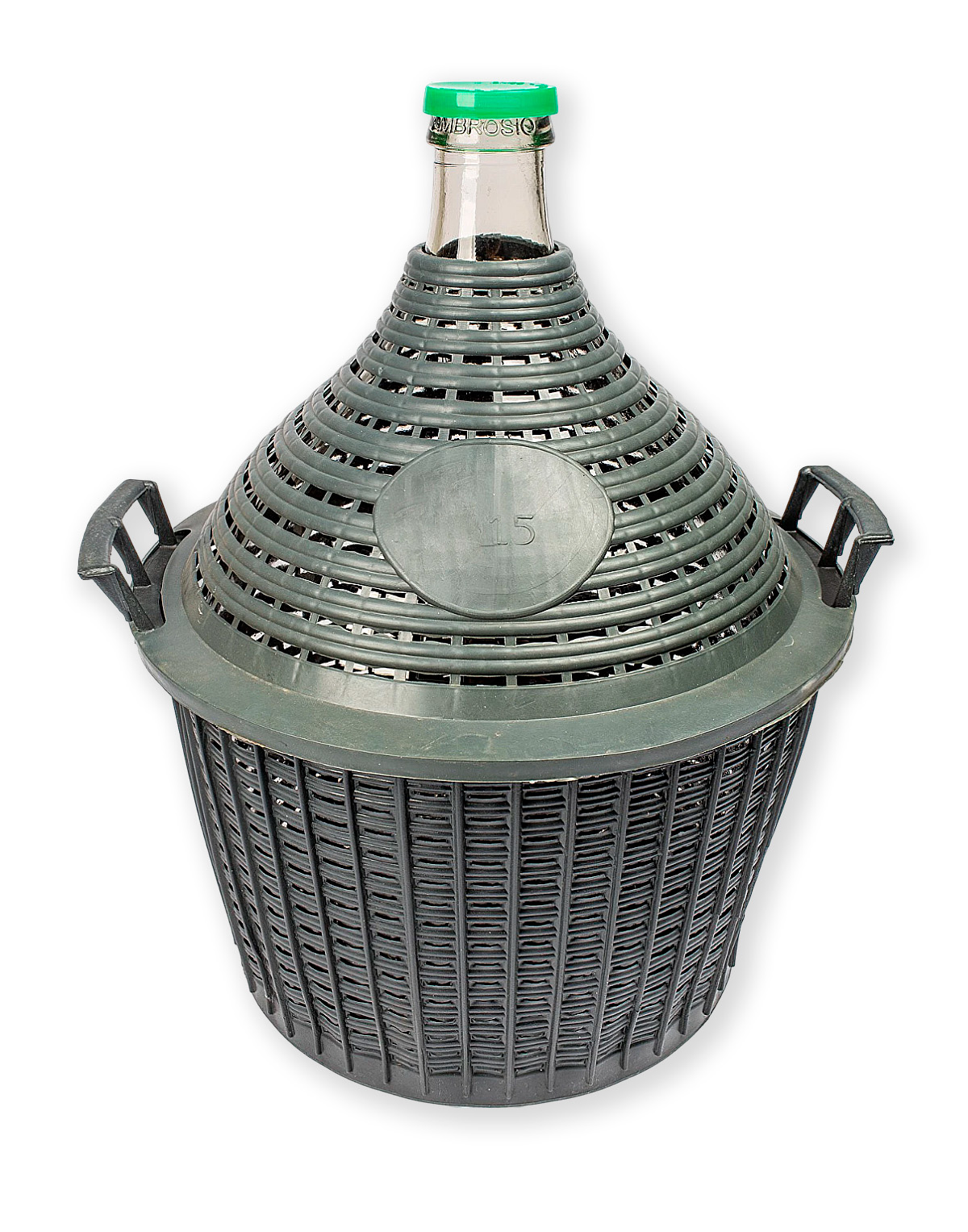 15L stikla vīna balons plastmasas grozā ar šauru kaklu Stikla vīna baloni