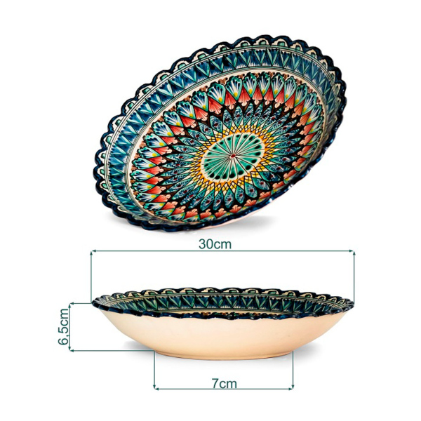 Ljagan 30cm rievots - nacionālais uzbeku šķīvis, Rištanas keramika Keramika