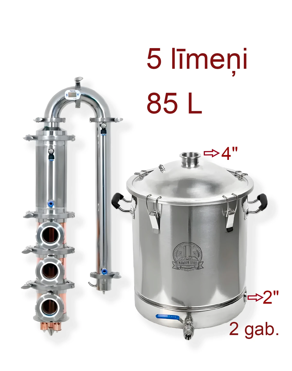 85L 4" kolonna 5 vara līmeņi BABYLON PREMIUM ar vara vāciņiem, destilācijas un rektifikācijas aparāts (ar izejam 2gab TENam) Rektifikācijas un destilācijas aparāti (kolonnas)