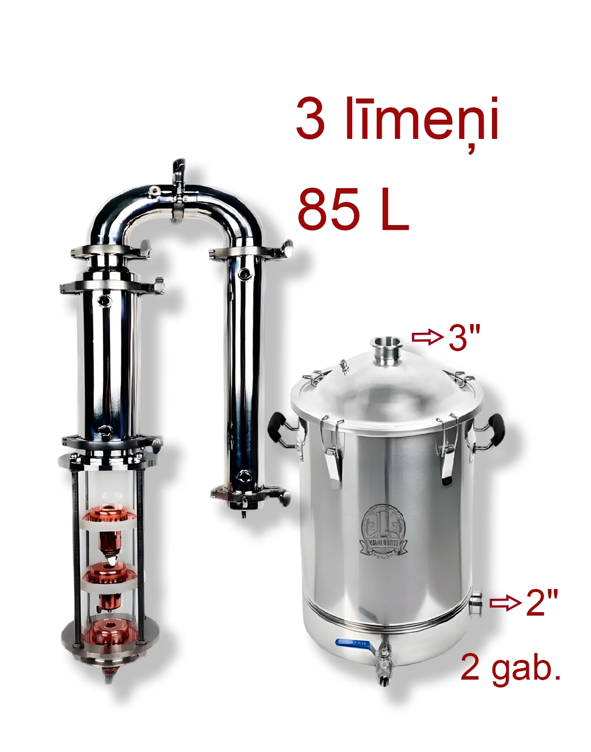85L 3" kolonna 3 līmeņi BABYLON CRISTAL ar vara vāciņiem, destilācijas un rektifikācijas aparāts (ar izejam 2gab TENam) Rektifikācijas un destilācijas aparāti (kolonnas)