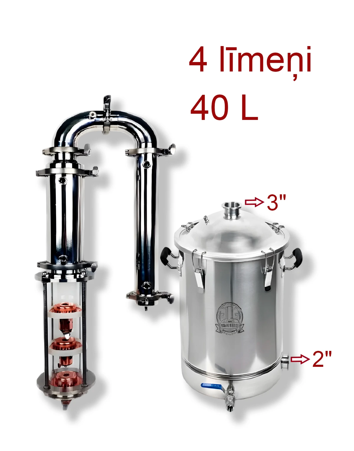 40L 3" Kolonna 4 līmeņi BABYLON CRISTAL ar vara vāciņiem, destilācijas un rektifikācijas aparāts (ar izeju TENam) Rektifikācijas un destilācijas aparāti (kolonnas)