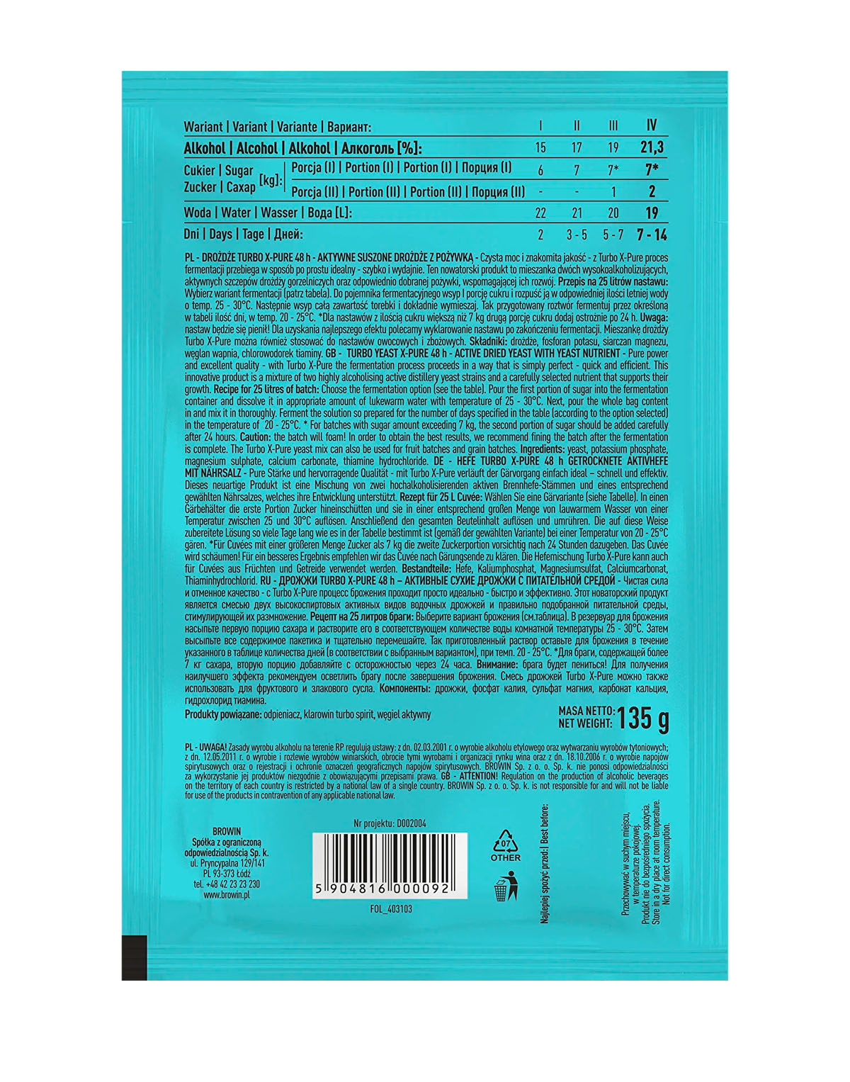 Turbo Raugas TURBO X-PURE 21.3% turbo raugs 135g - aktualaspreces.lv